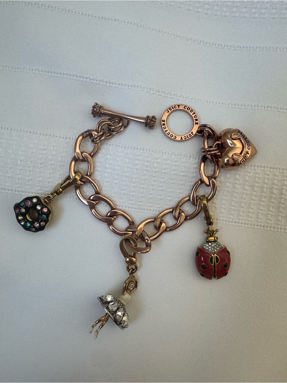 Vtg Y2K Juicy Couture Rose Gold Charm Bracelet Ladybug Donut